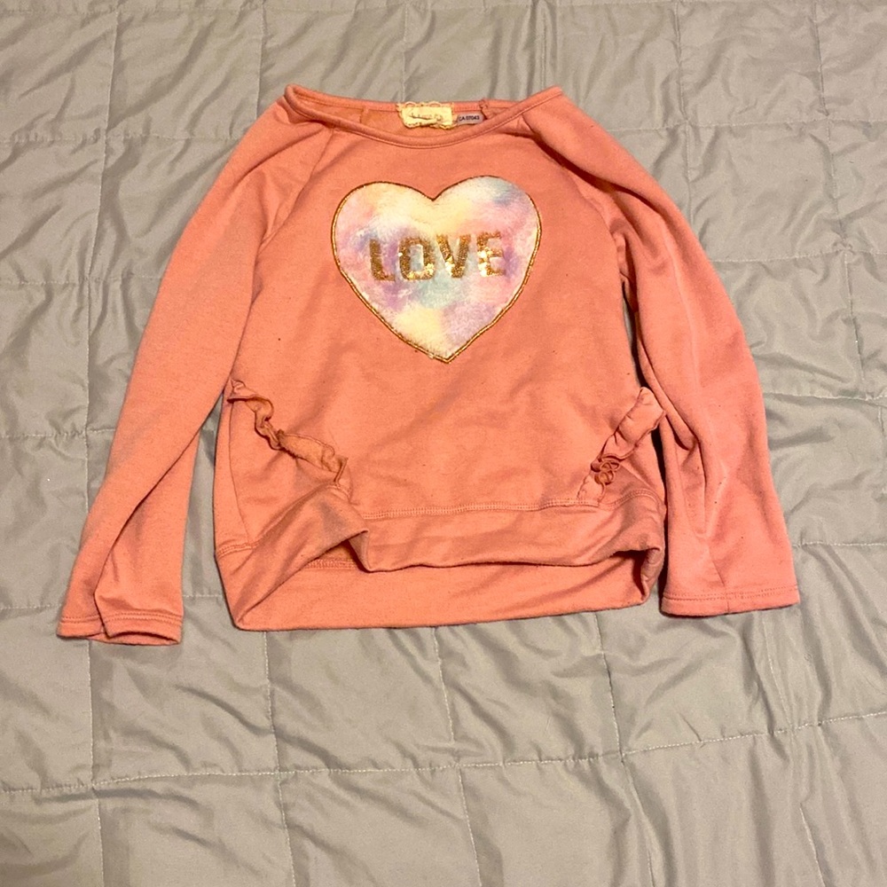 Fuzzy warm long sleeve shirt with sequins that says LOVE